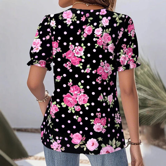 Damen nan V-Ausschnitt-Bluse mit Spitzenborte, Puffärmeln und floralem Punktmuster EB