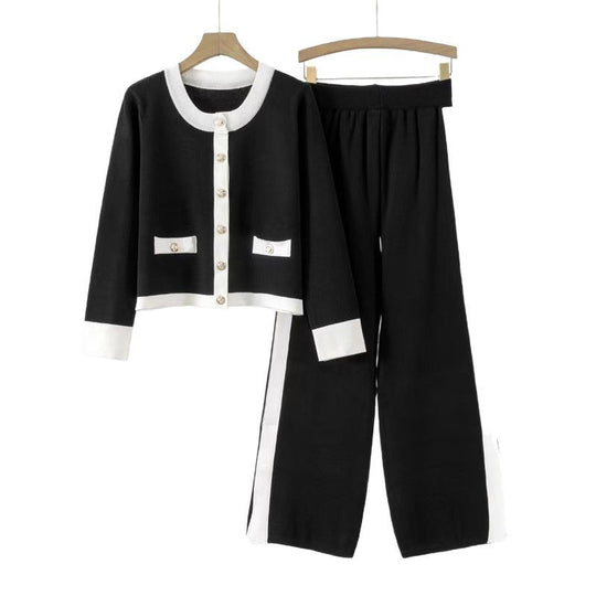 Damen Strick-Loungewear-Set mit dekorativen Knöpfen und seitlichem Schlitz EB