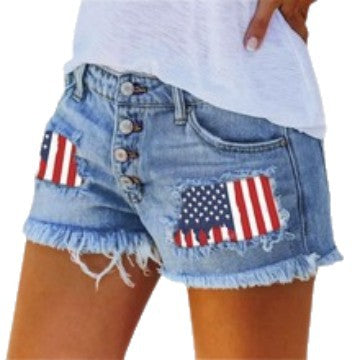 Damen Jeansshorts im Coolen USA-Design mit ausgefranstem Saum EB