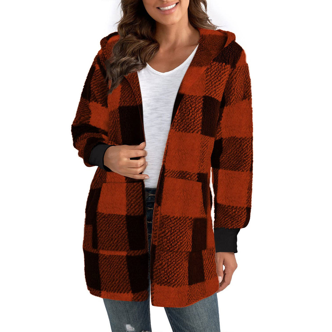 Damen Fleecejacke mit Karomuster und Kapuze EB