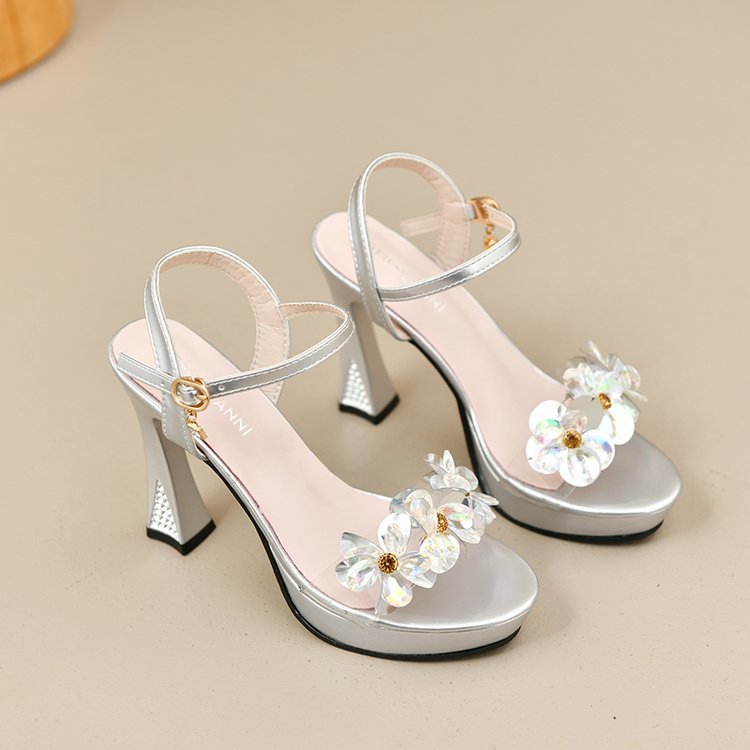 Damen elegante High Heel Sandalen mit blumigen Strassverzierungen EB