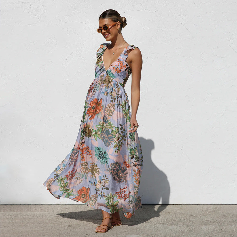 Damen Maxikleid mit Volantärmel und floralem Design EB