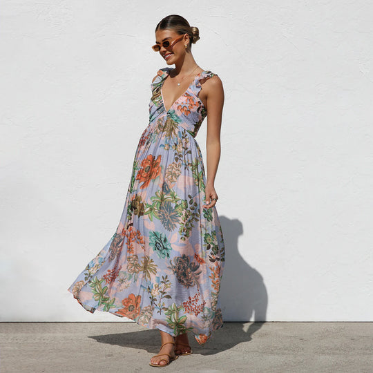 Damen Maxikleid mit Volantärmel und floralem Design EB