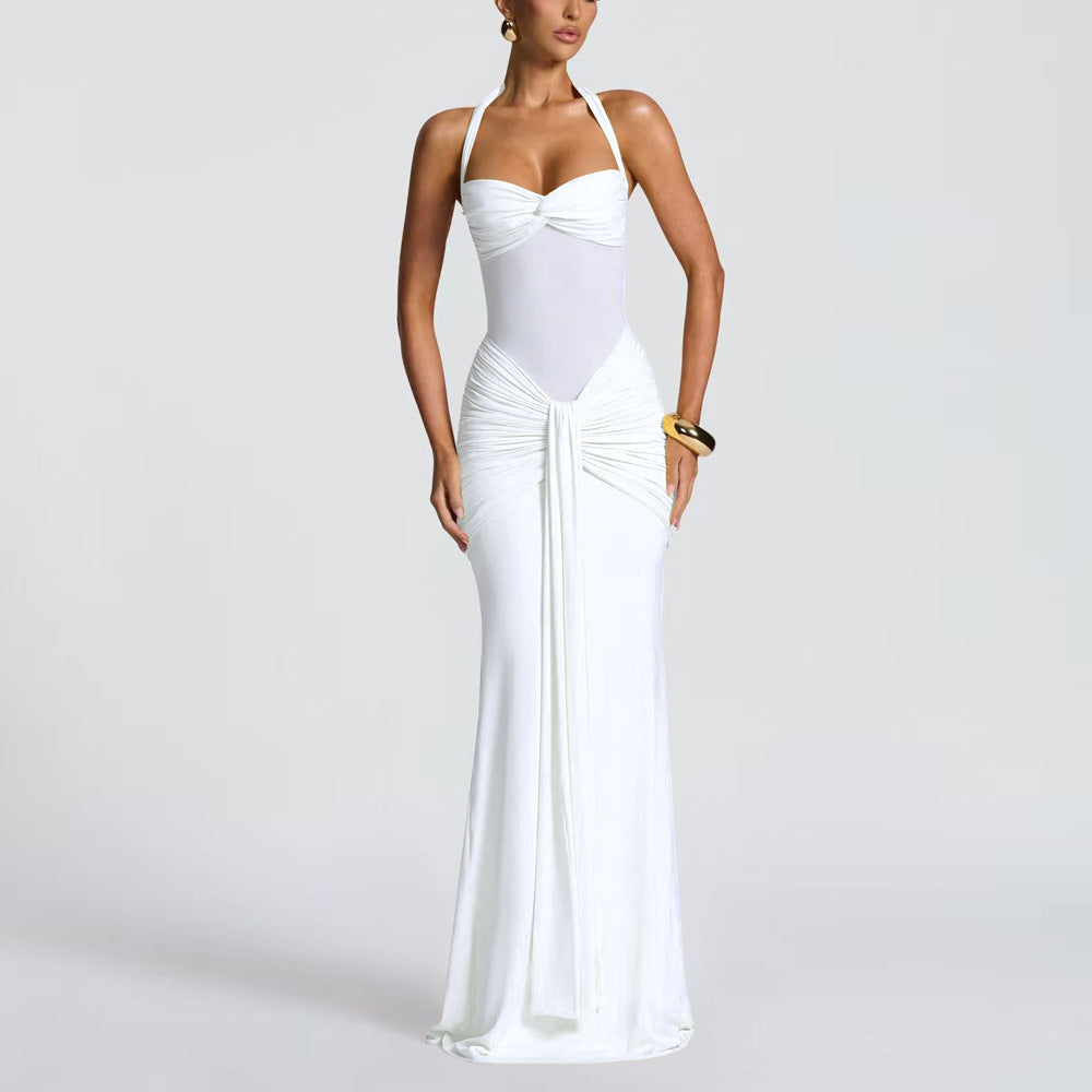 Damen elegantes Maxikleid mit schmeichelnder Raffung und Halterneck EB