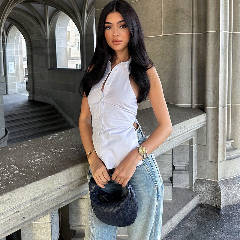 Damen figurbetonte Hemdbluse mit Knopfverschluss und ärmellosem Design EB