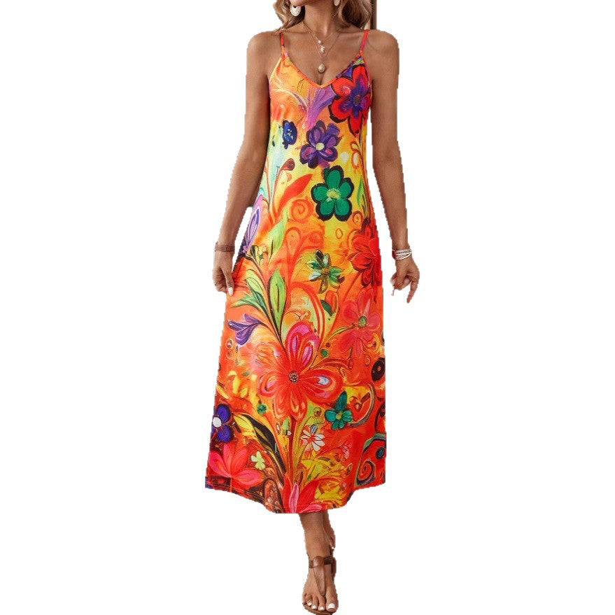 Damen Maxikleid mit buntem Blumenmuster und Spaghettiträgern EB