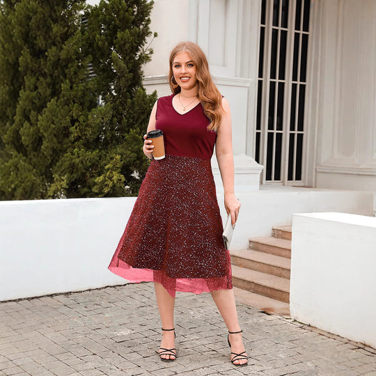 Damen Elegantes Skaterkleid mit modischem V-Ausschnitt und glitzerndem Tüll EB