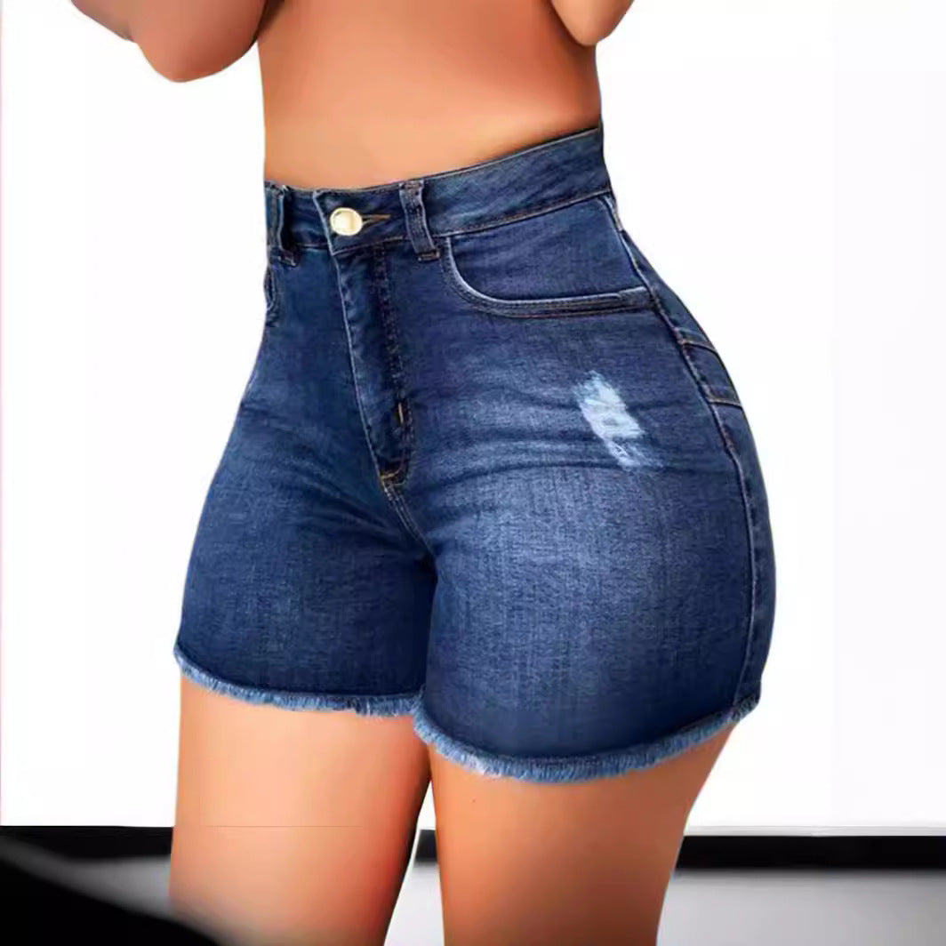 Damen Hoch taillierte Denim-Shorts mit fransigem Saum und figurschmeichelndem Schnitt EB