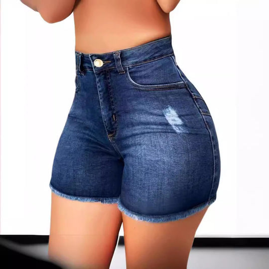 Damen Hoch taillierte Denim-Shorts mit fransigem Saum und figurschmeichelndem Schnitt EB
