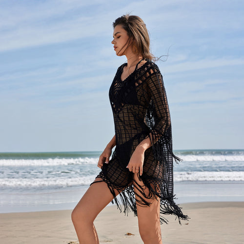 Damen eleganter Häkel-Strandüberwurf mit Fransen EB