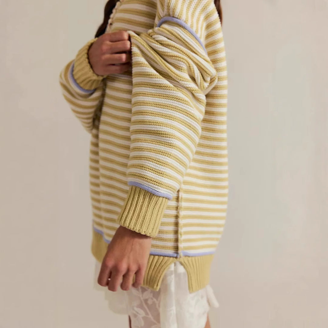 Damen Oversize Ringelstrickpullover mit weitem Schnitt, Bündchen & kontrastierenden Paspeln EB