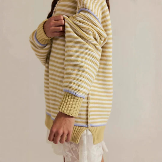 Damen Oversize Ringelstrickpullover mit weitem Schnitt, Bündchen & kontrastierenden Paspeln EB