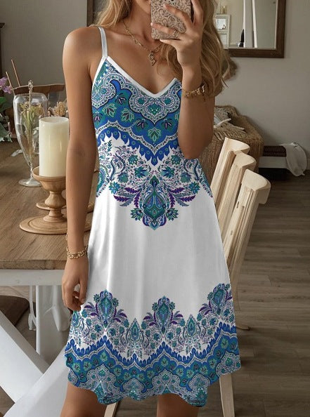 Damen Spaghetti-Träger Kleid mit stilvollem Paisleymuster und A-Linien Schnitt EB