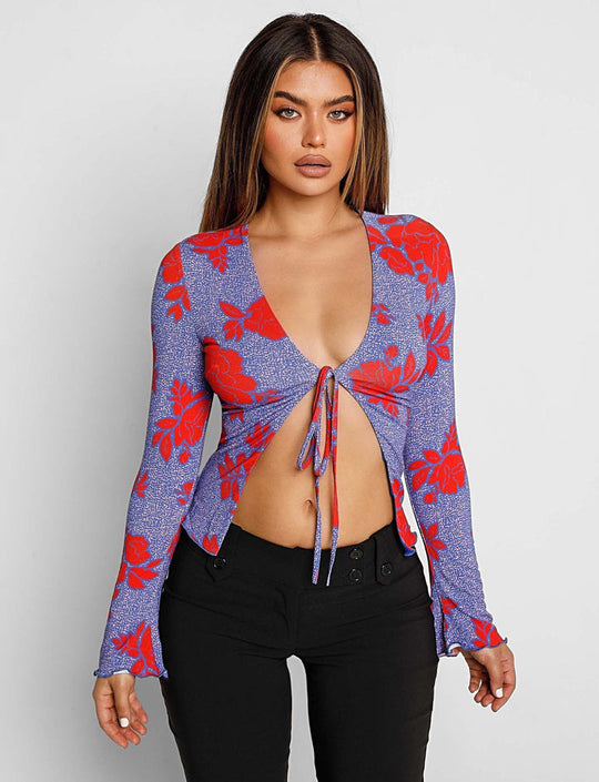 Damen langärmliges Oberteil mit tiefem V-Ausschnitt und floralem Design EB
