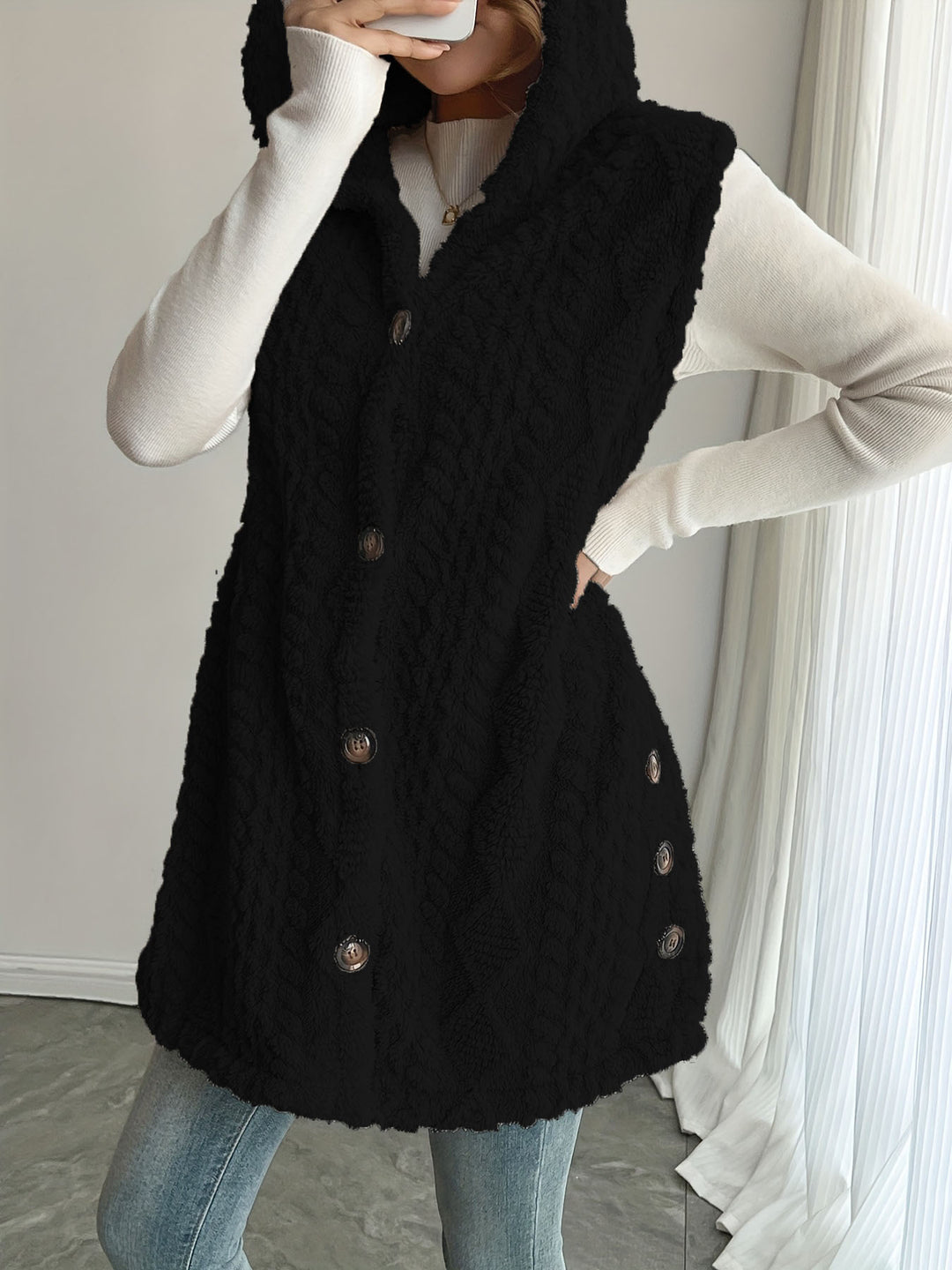 Damen Kuschelige Fleece-Weste mit Kapuze und Knopfverschluss EB