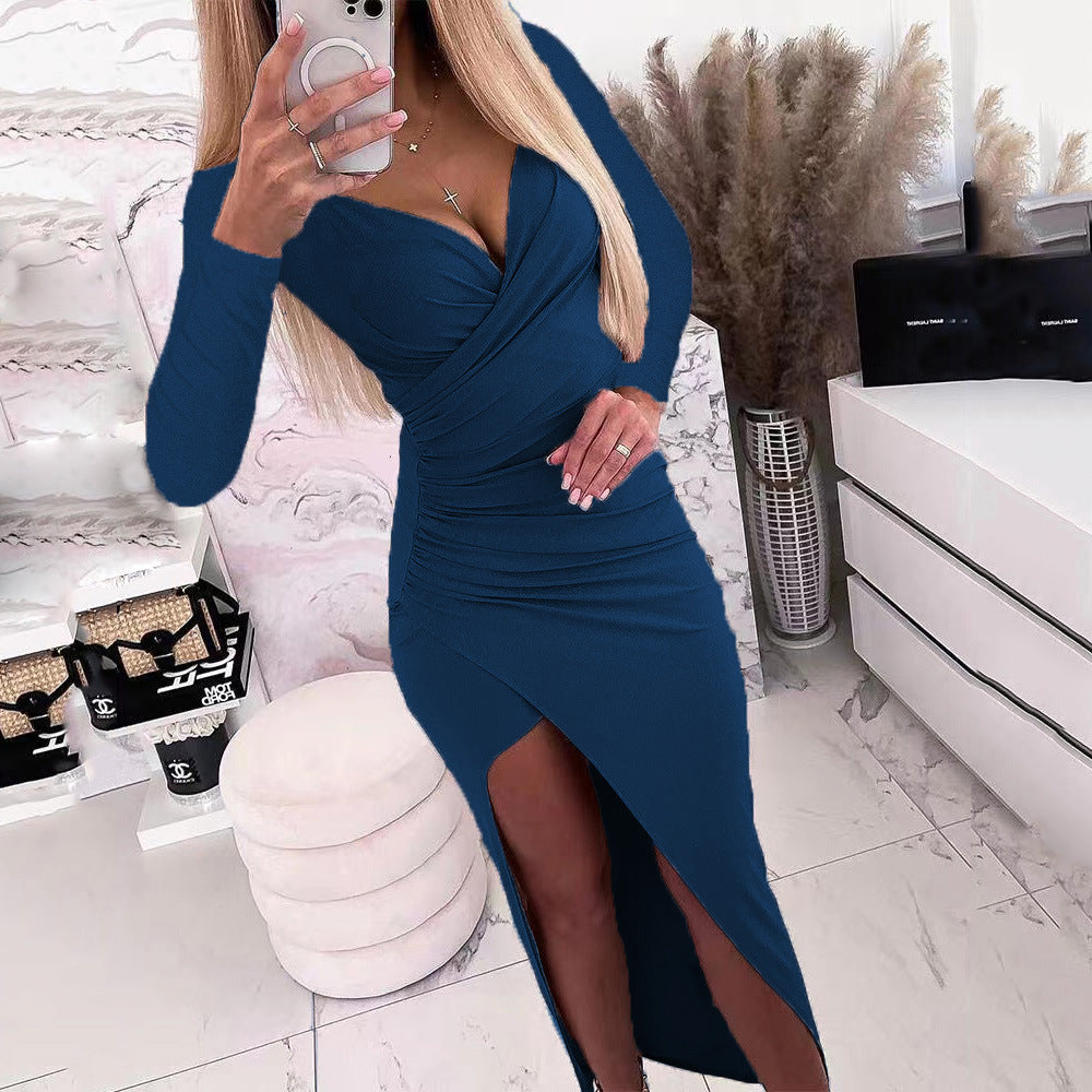 Damen elegantes Wickelkleid mit langen Ärmeln und Seitenschlitz EB