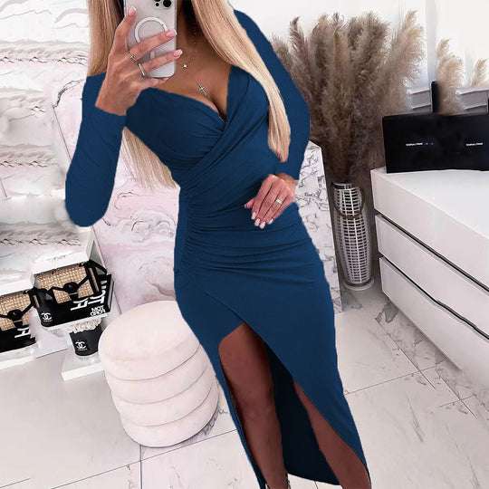 Damen elegantes Wickelkleid mit langen Ärmeln und Seitenschlitz EB