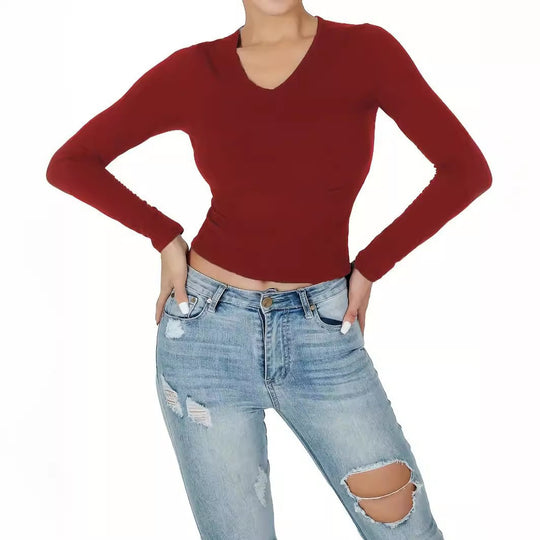 Damen Langarmshirt mit figurbetonter Passform und V-Ausschnitt EB