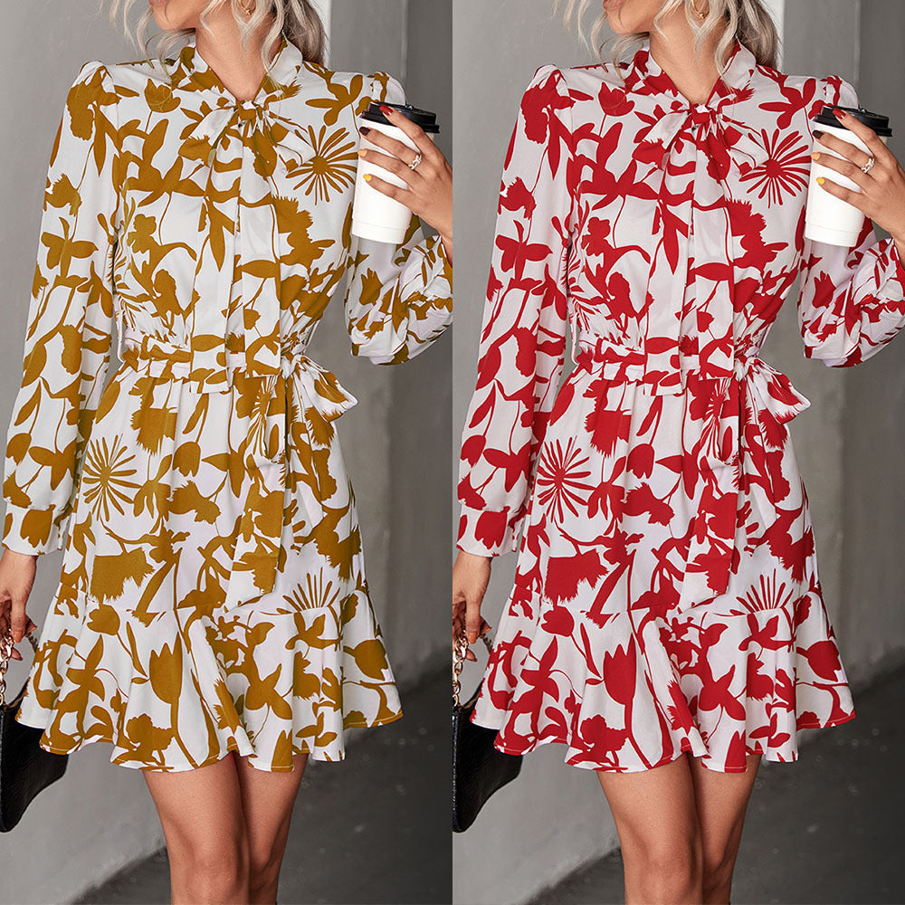Damen Kleid mit hochgeschlossenem Kragen und modischem Blumendruck EB