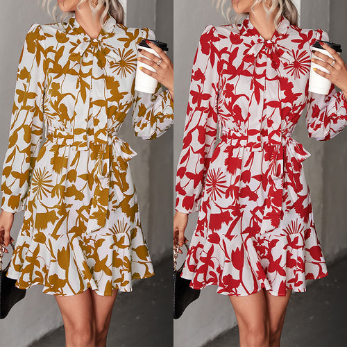 Damen Kleid mit hochgeschlossenem Kragen und modischem Blumendruck EB