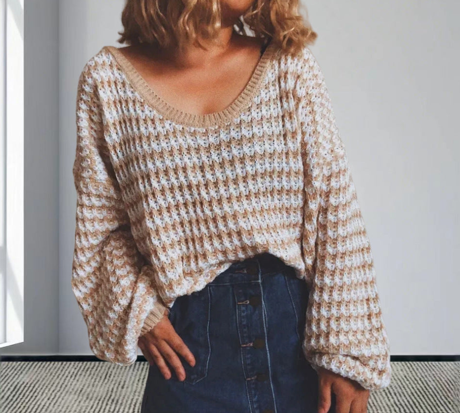 Damen Oversized Strickpullover mit off-Shoulder Design und modischem Rippenmuster EB