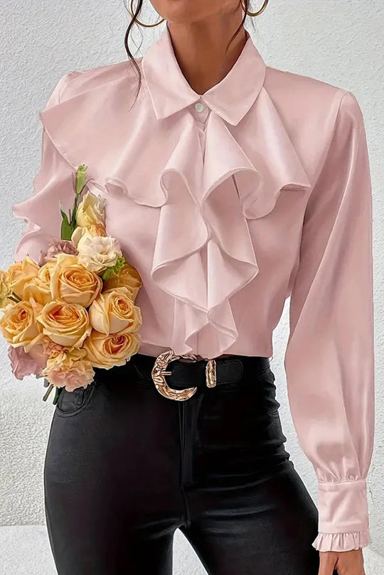 Damen Elegante Rüschenbluse mit Volants, Hemdkragen und Manschetten EB