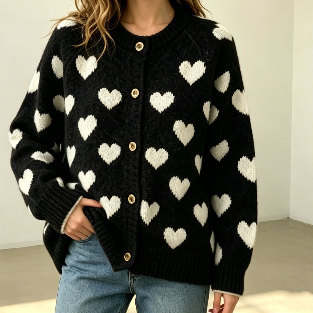 Damen Kuscheliger Jacquard-Cardigan mit Herzmotiv, Raglanärmeln und Knopfleiste EB