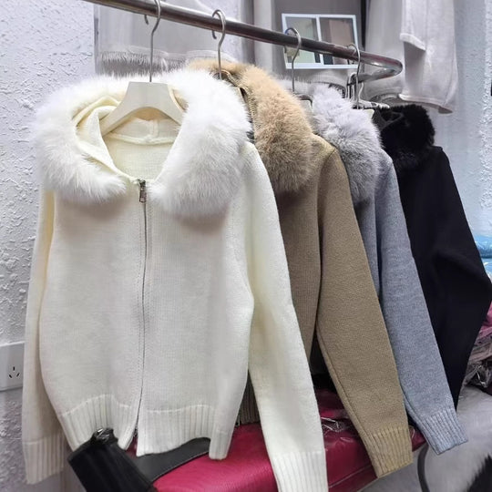 Damen kuschelige Strickjacke mit luxuriösem Pelzkragen und Reißverschluss EB
