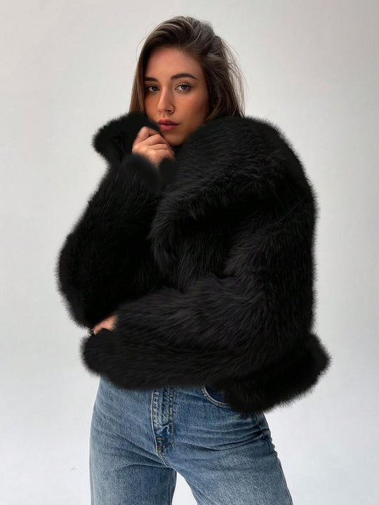 Damen Modischer Kunstpelz-Cropped-Jacke mit voluminösen Ärmeln EB