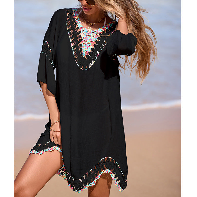 Damen Häkel-Strandtunika mit fransigem Saum und bunten Applikationen EB