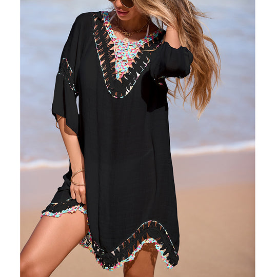 Damen Häkel-Strandtunika mit fransigem Saum und bunten Applikationen EB