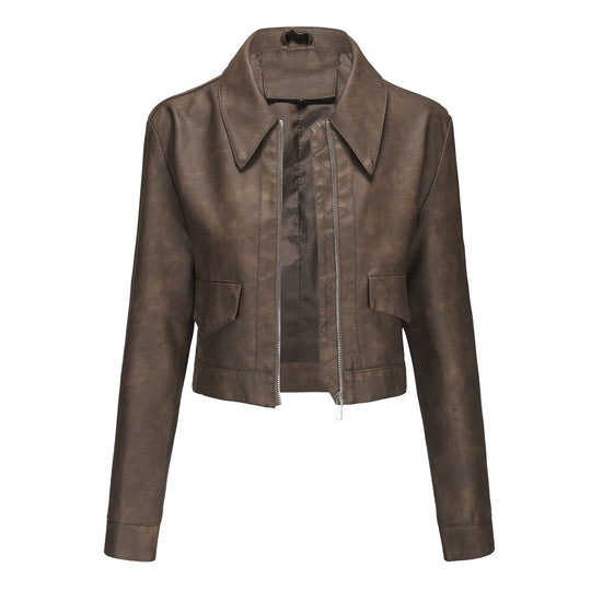 Damen modische cropped Kunstlederjacke mit klassischem Wellenkragen EB