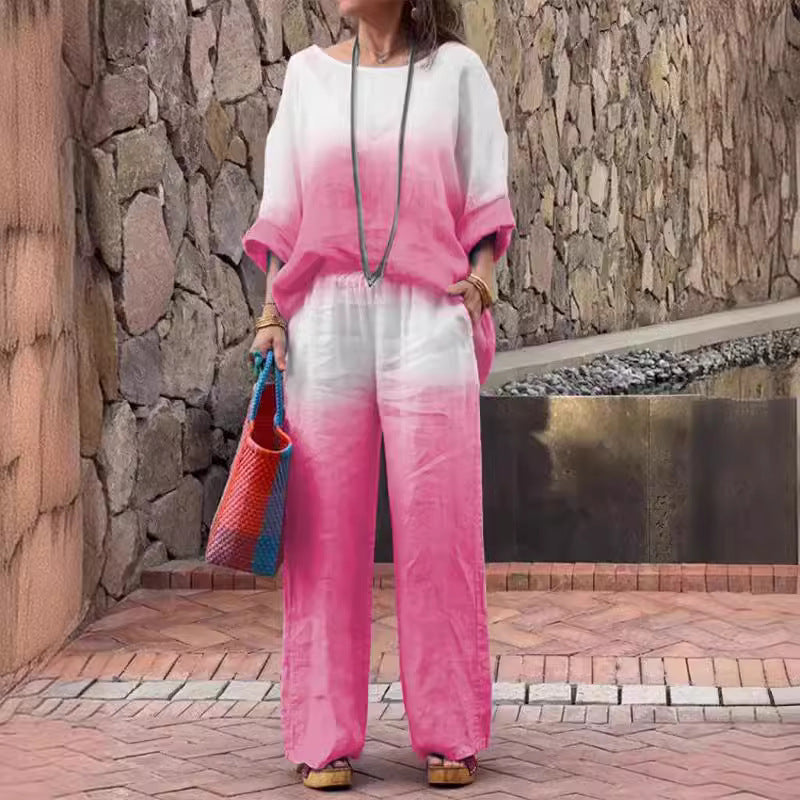 Damen lässiges Leinen-Outfit mit weiten Hosen und lockerer Bluse EB