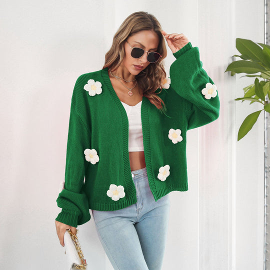 Damen Strickjacke mit floralen Applikationen und lässigem Schnitt EB