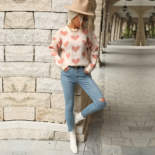 Damen Sweater mit Herzmuster und weitem Schnitt EB
