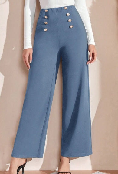 Damen Hochwaisted Weite Hose mit dekorativen Knöpfen EB