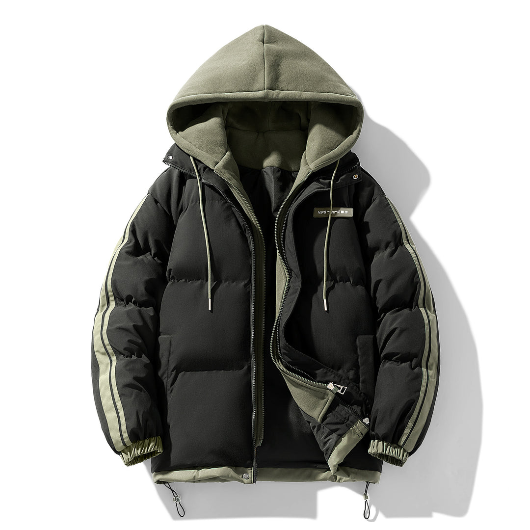 Herren wattierter Parka-Hybrid mit innenliegendem Hoodie, seitlichen Streifen und Zwei-Wege-Reißverschluss EB