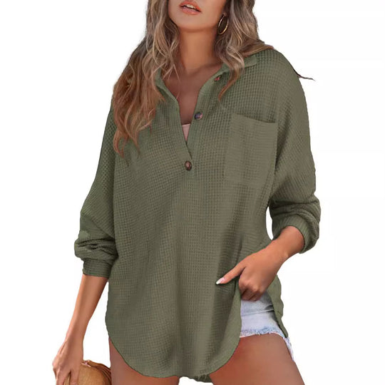 Damen Waffelstruktur Bluse mit Knopfleiste und Brusttasche EB