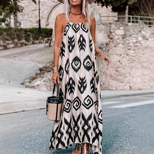 Damen maxi Kleid mit zeitgemäßem Tribal-Muster und schwingendem Saum EB