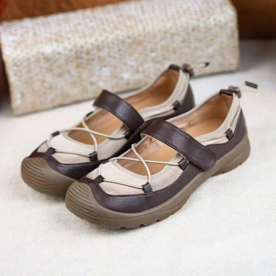 Damen Bequeme Mary-Jane-Sneaker mit Klettverschluss, elastischer Schnürung und profilierter Gummisohle EB