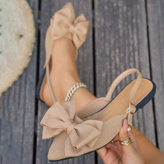 Damen Spitz zulaufende Slingback-Ballerinas mit großer Stoffschleife und flacher Gummisohle EB