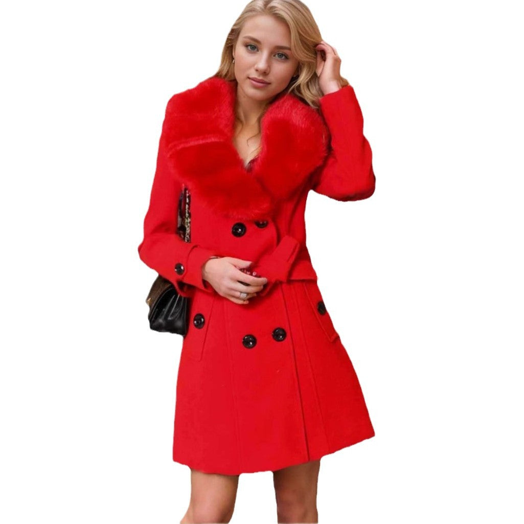 Damen Eleganter Trenchcoat mit abnehmbarem Fellkragen EB