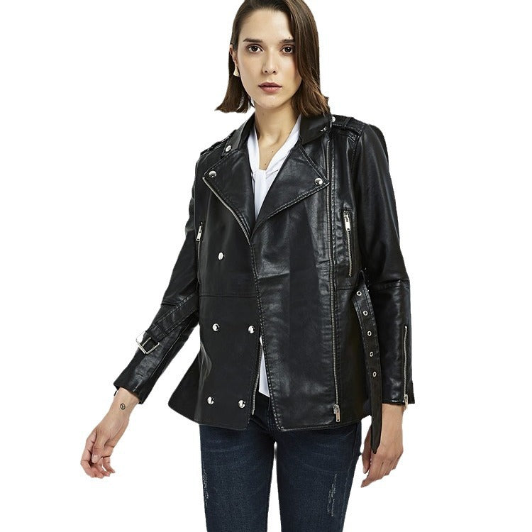 Damen zeitlose Bikerjacke aus Kunstleder mit Gürtel und Reißverschlussdetails EB