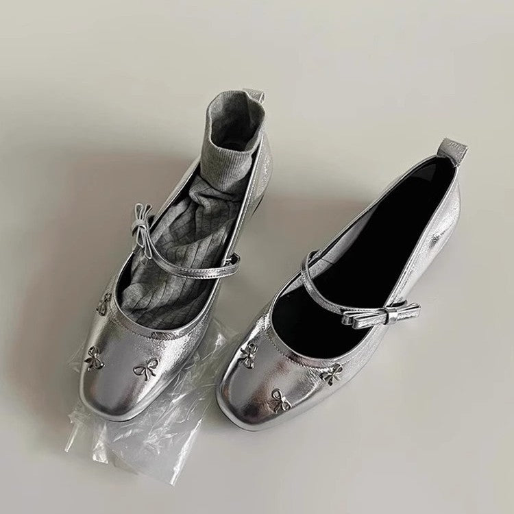 Damen Ballerina-Schuhe mit schimmernder Oberfläche und dekorativem Schleifendetail EB