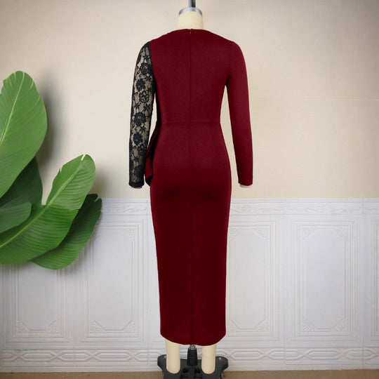 Damen elegantes Etuikleid mit aufwendigem Spitzenärmel und drapiertem Saum EB