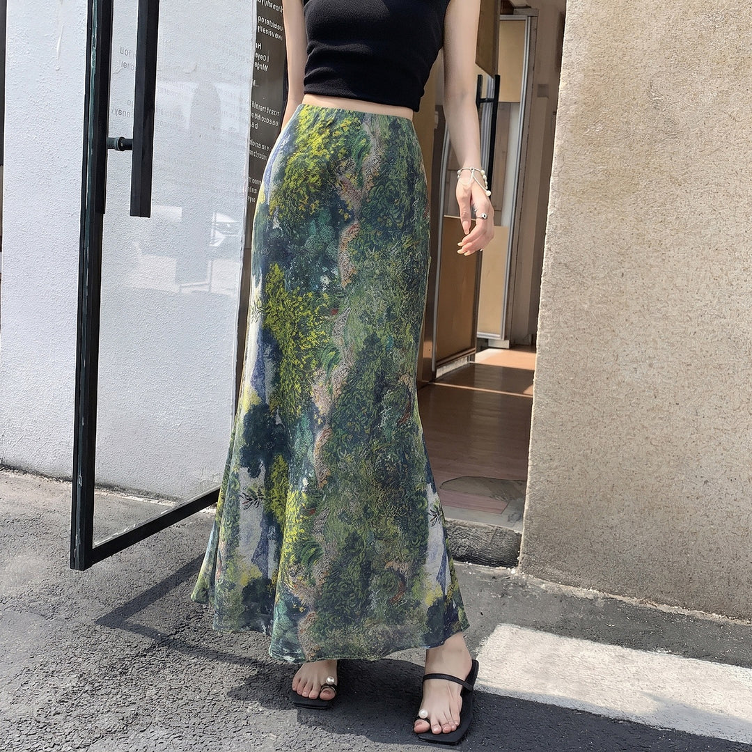 Damen  A-Linien Maxirock mit semi-transparenter Chiffonlage und abstraktem Batik-Print EB