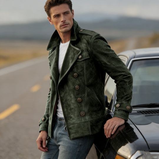 Herren nan doppeltreihige Vintage-Lederjacke mit Reverskragen und Schulterpatten EB