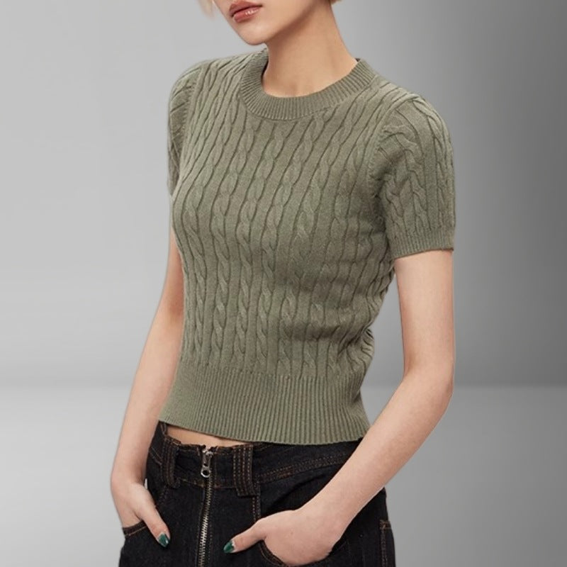 Damen Kurzarm Strickoberteil mit Kabelmuster EB