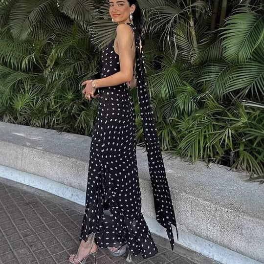 Damen Sommerkleid mit verspieltem Punkten Design und raffiniertem Rüschensaum EB