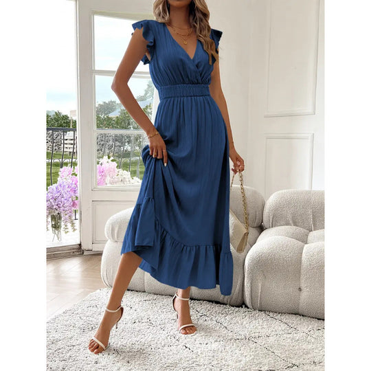 Damen Maxikleid mit voluminösen Rüschenärmel und elegantem Bund EB